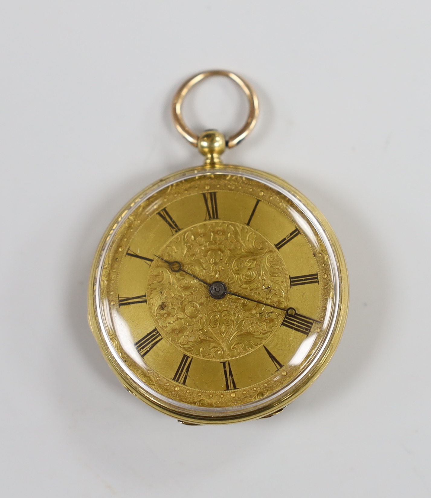 A lady's early 20th century continental 18k, two colour enamel and gem set open faced fob watch, with Roman dial, case diameter 32mm, gross weight 28.5 grams.